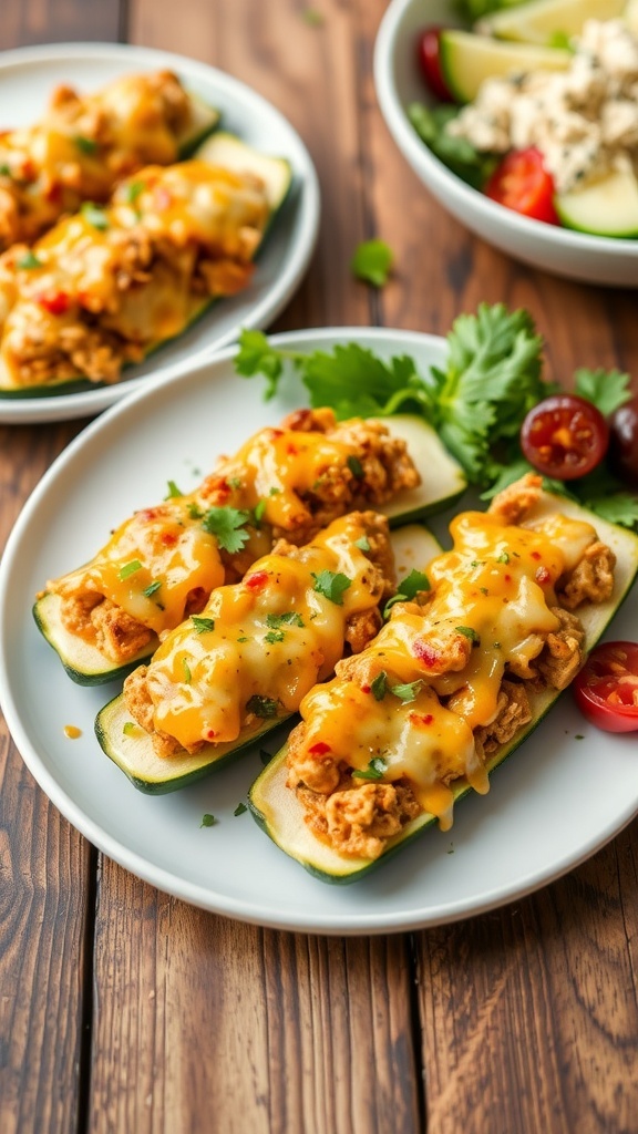 Air Fryer Chicken Zucchini Boats Recipe Air fryer chicken zucchini boats filled with chicken and cheese, garnished with herbs on a rustic plate.
